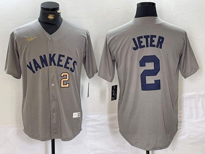 Men New York Yankees #2 Jeter Grey Throwback Nike Game 2024 MLB Jersey style 14